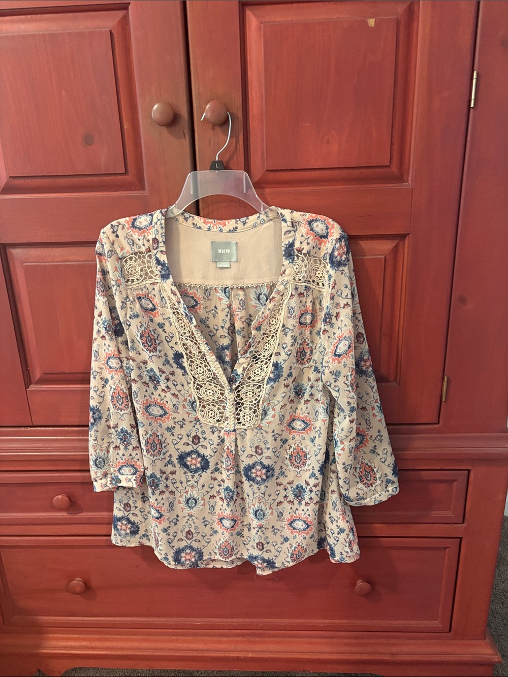 Maeve Boho Lace-Trim Floral Peasant Top in Cream